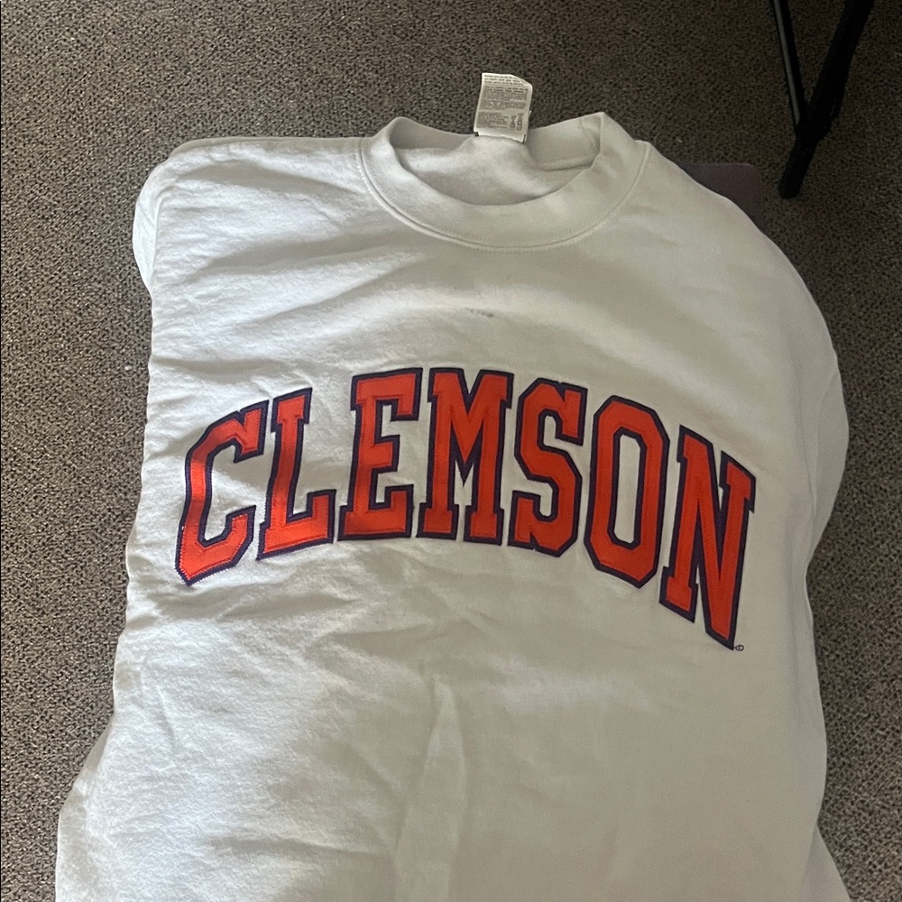 Champion White Crew Neck Sweater with Orange and Blue Print
